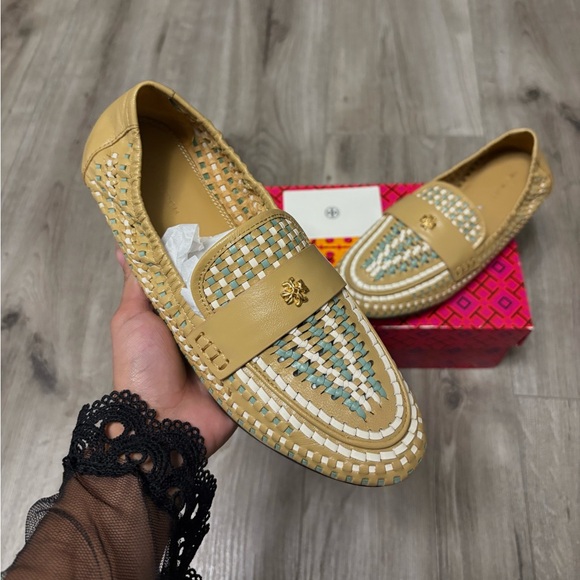 Tory Burch Tan and Green Woven Loafers - Picture 1 of 2